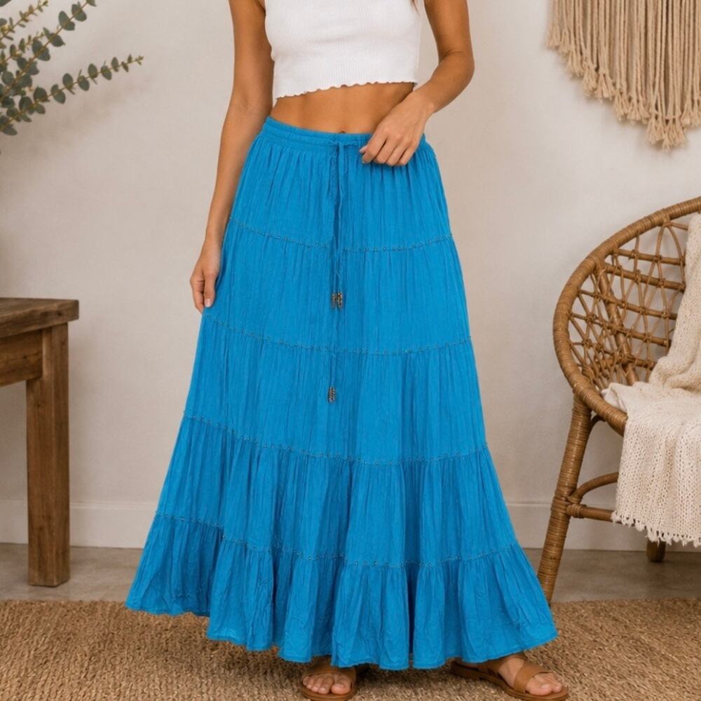 Y2K Boho Turquoise Tiered Maxi Skirt Petite Beaded Cotton Festival